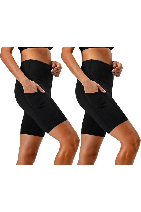 2 Pack Women's High Waist Workout Yoga Running Exercise Shorts with Side Pockets (X-Small, Black/Black)