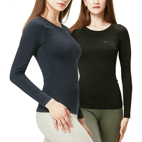 DEVOPS 2 Pack Women's Long sleeve compression Winter tops thermal undershirts for cold weather (Large, Black/Navy)