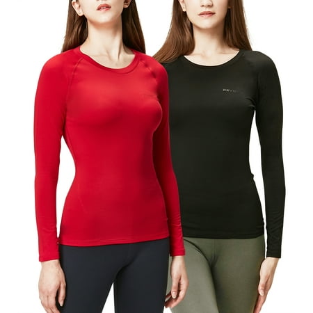 DEVOPS 2 Pack Women's Long sleeve compression Winter tops thermal undershirts for cold weather (Small, Black/Red)