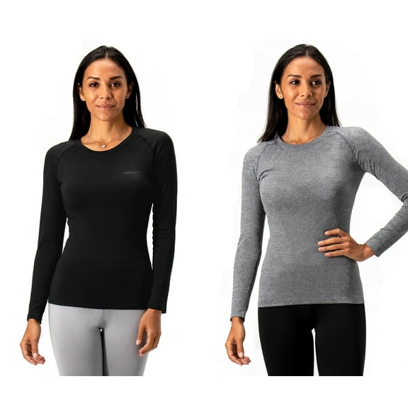 DEVOPS 2 Pack Women's Long sleeve compression Winter tops thermal undershirts for cold weather (X-Large, Black/Heather Charcoal)