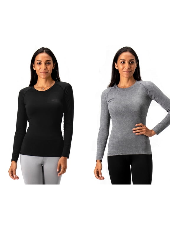 2 Pack Women's Long sleeve compression Winter tops thermal undershirts for cold weather (X-Small, Black/Heather Charcoal)