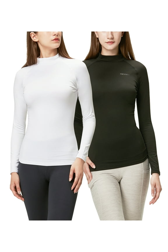 2 Pack Women's Thermal Turtle Long sleeve shirts compression Base layer top (Large, Black/White)