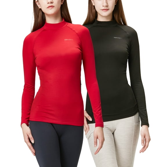 DevOps Women's Thermal Micro Fleece Lined Base Layer Top, Black/Red, 2 Pack