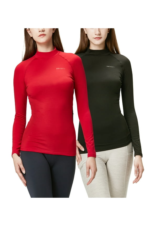 Women's Thermal Micro Fleece Lined Base Layer Top, Black/Red, 2 Pack