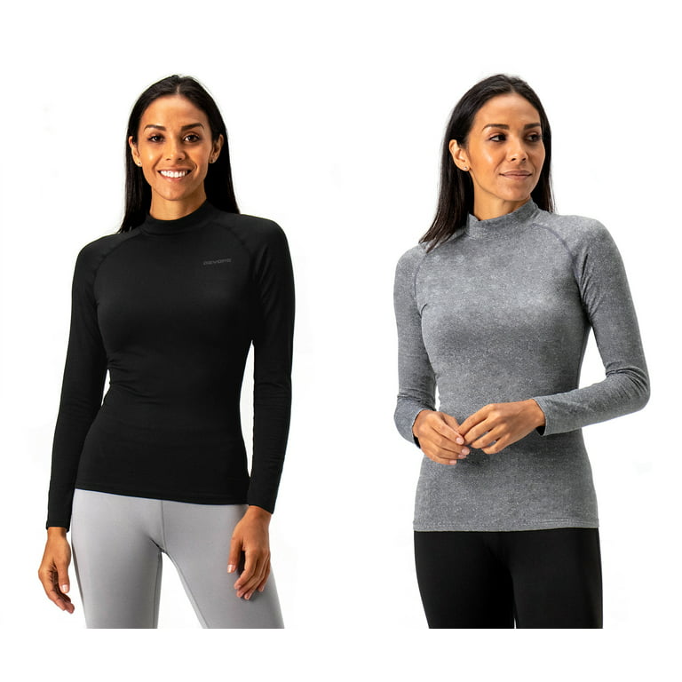 DEVOPS 2 Pack Women's Thermal Turtle Long sleeve shirts compression Base  layer top (Small, Black/Heather Charcoal) 