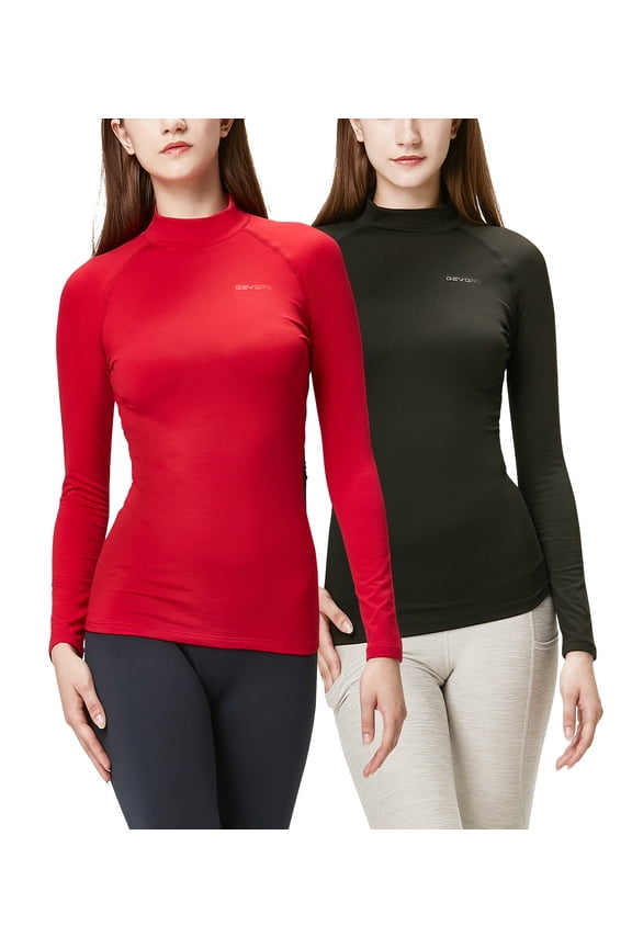 2 Pack Women's Thermal Turtle Long sleeve shirts compression Base layer top (Small, Black/Red)