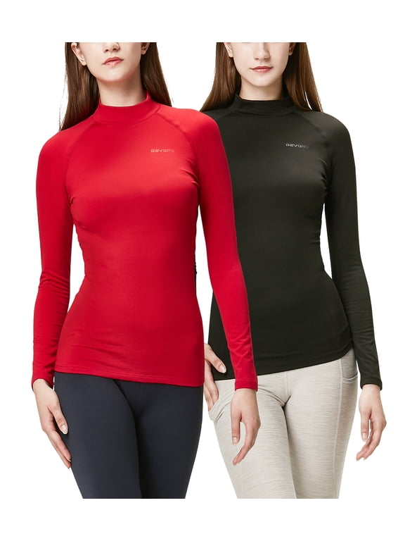 2 Pack Women's Thermal Turtle Long sleeve shirts compression Base layer top (Small, Black/Red)