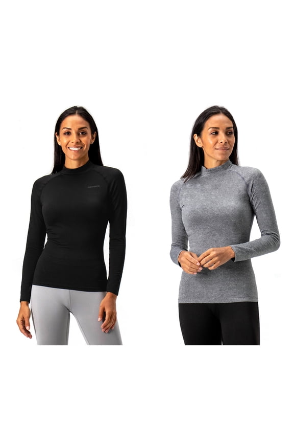2 Pack Women's Thermal Turtle Long sleeve shirts compression Base layer top (X-Large, Black/Heather Charcoal)