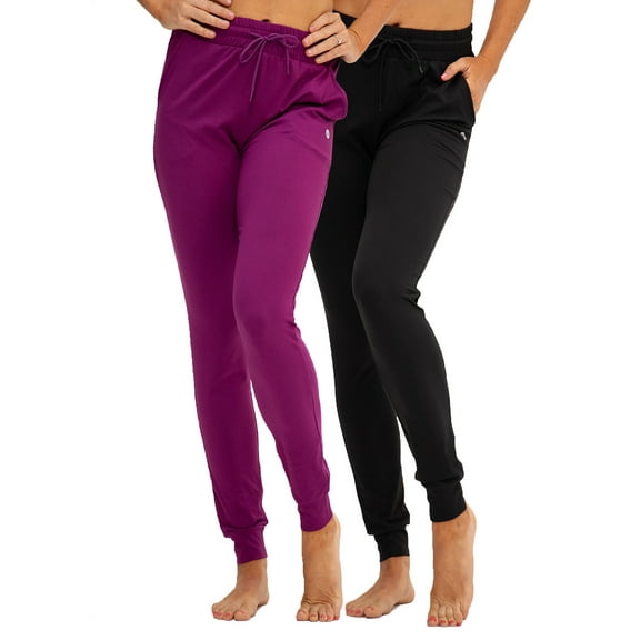 DEVOPS 2 Pack Women's Yoga Jogger Pants with Side Pocket Sweatpants (X-Small, Black/Purple)