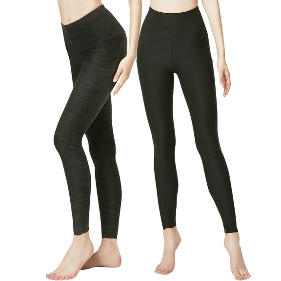 DEVOPS 2 Pack Women's Yoga Pants with Pocket Tummy Control Workout Running Leggings (Large, Black/Heather Charcoal)