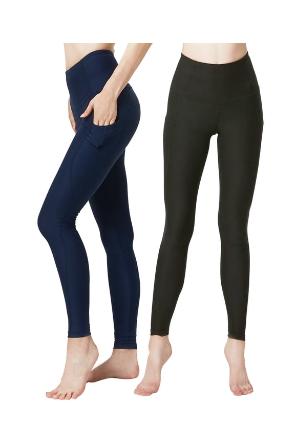 2 Pack Women's Yoga Pants with Pocket Tummy Control Workout Running Leggings (Small, Black/Navy)