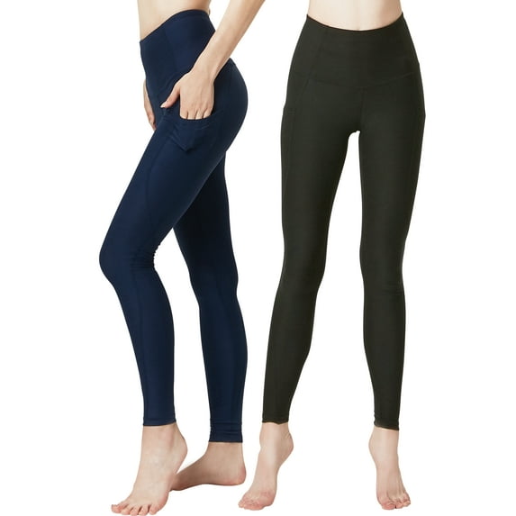 DEVOPS 2 Pack Women's Yoga Pants with Pocket Tummy Control Workout Running Leggings (X-Small, Black/Navy)