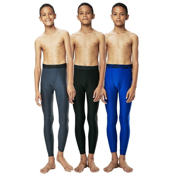 DEVOPS 3 Pack Boys UPF 50  Compression Tights Sport Leggings Baselayer Pants (Medium, Black/Charcoal/Blue)