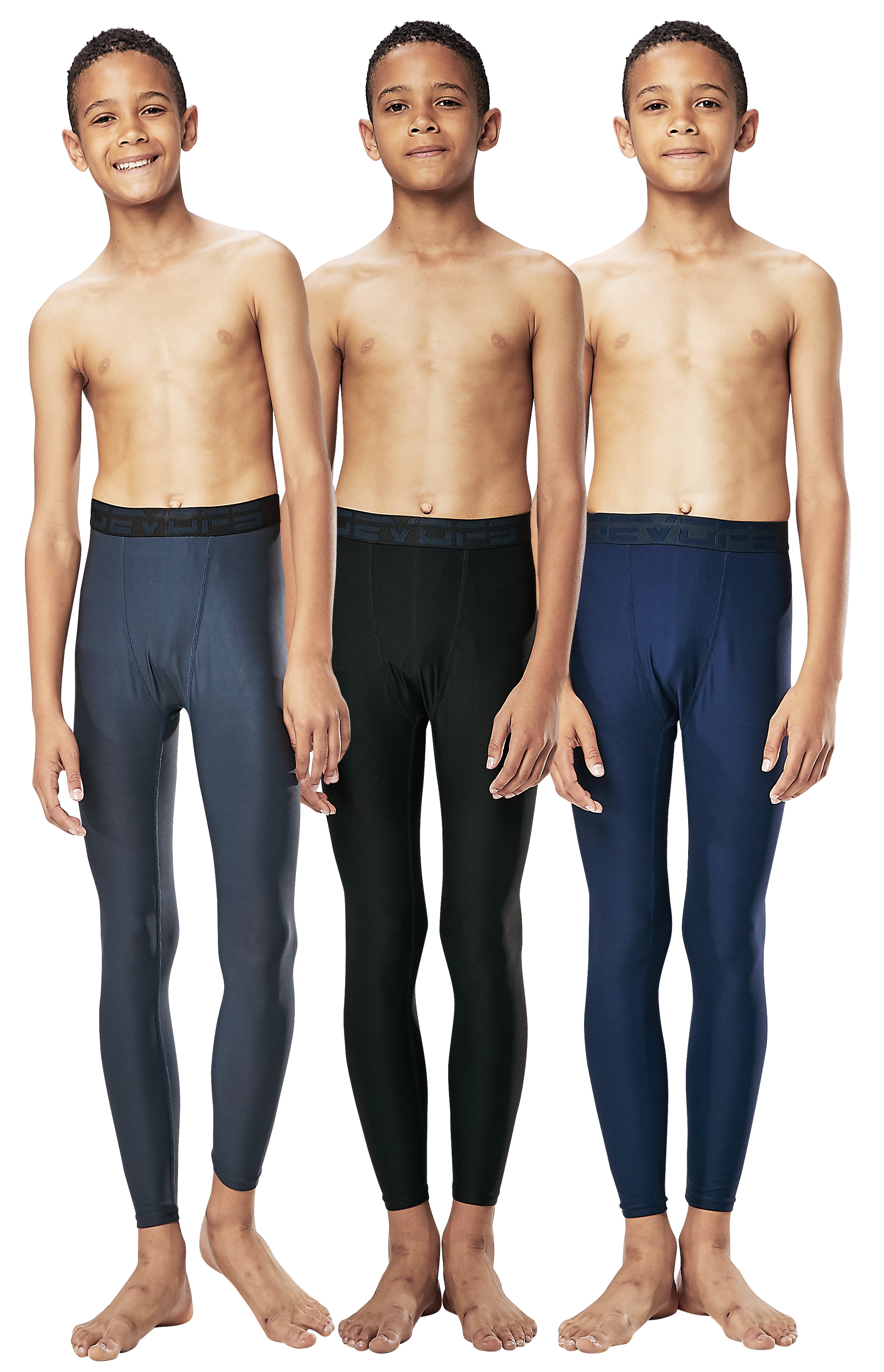 DEVOPS 3 Pack Boys UPF 50+ Compression Tights Sport Leggings Baselayer Pants (Medium, Black/Charcoal/Navy)