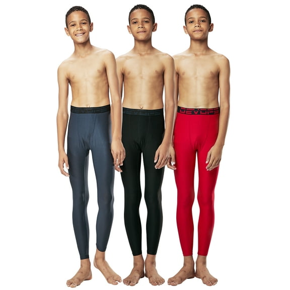 DEVOPS 3 Pack Boys UPF 50+ Compression Tights Sport Leggings Baselayer Pants (Medium, Black/Charcoal/Red)