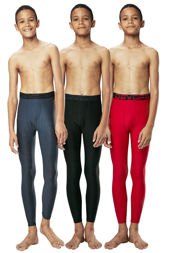 3 Pack Boys UPF 50+ Compression Tights Sport Leggings Baselayer Pants (X-Large, Black/Charcoal/Red)