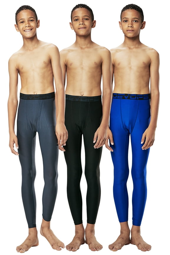 3 Pack Boys UPF 50+ Compression Tights Sport Leggings Baselayer Pants (X-Small, Black/Charcoal/Blue)
