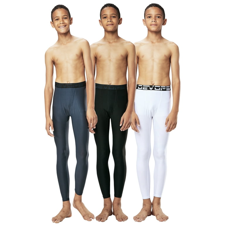 DEVOPS 3 Pack Boys UPF 50+ Compression Tights Sport Leggings Baselayer Pants  (X-Small, Black/Charcoal/White) 