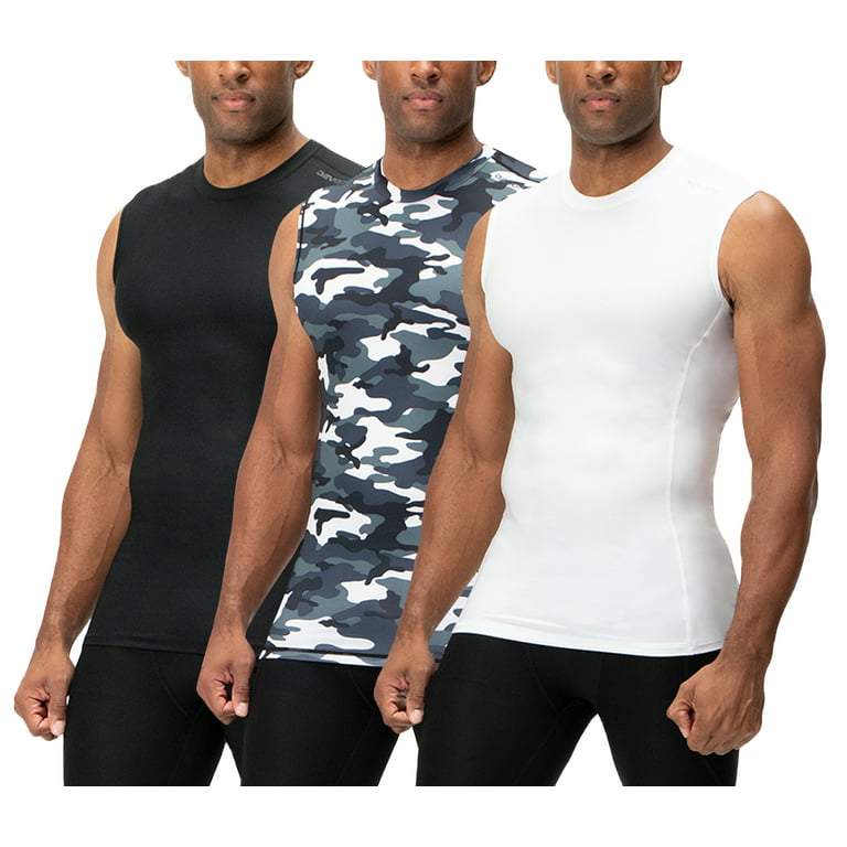 DEVOPS 3 Pack Men's Athletic Compression Shirts Sleeveless (2X-Large,  Black/Camo Grey/White) 