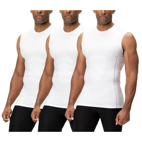 DEVOPS 3 Pack Men's Athletic Compression Shirts Sleeveless (Large, White/White/White)