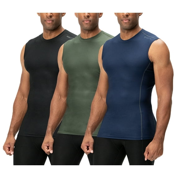 DEVOPS 3 Pack Men's Athletic Compression Shirts Sleeveless (Medium, Black/Navy/Olive)