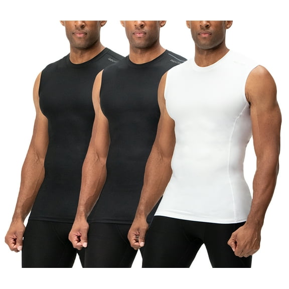 DEVOPS 3 Pack Men's Athletic Compression Shirts Sleeveless (Small, Black/Black/White)