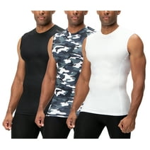DEVOPS 3 Pack Men's Athletic Compression Shirts Sleeveless (X-Large, Black/Camo Grey/White)