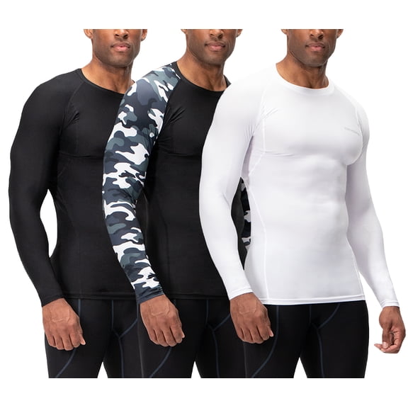 DEVOPS 3 Pack Men's Athletic Long Sleeve Compression Shirts (2X-Large, Black/Camo Black2/White)