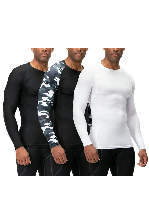 3 Pack Men's Athletic Long Sleeve Compression Shirts (2X-Large, Black/Camo Black2/White)