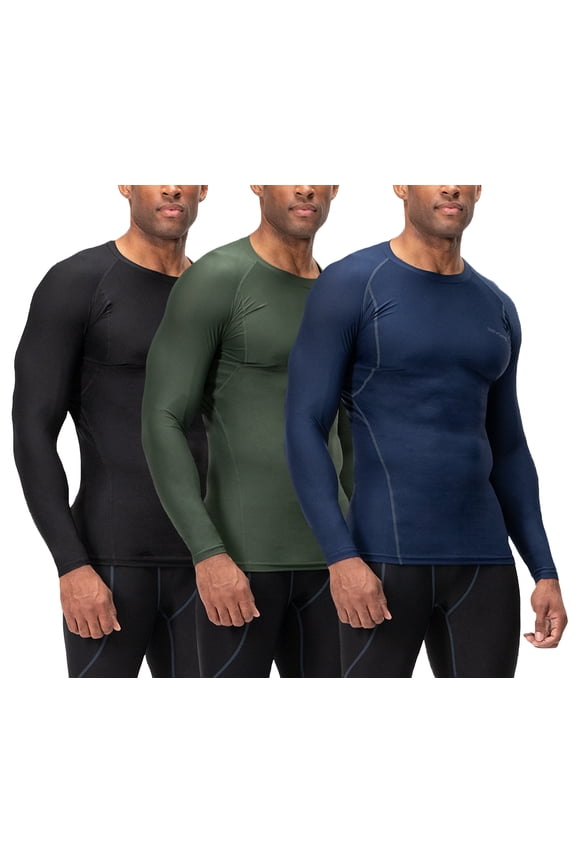 3 Pack Men's Athletic Long Sleeve Compression Shirts (2X-Large, Black/Navy/Olive)