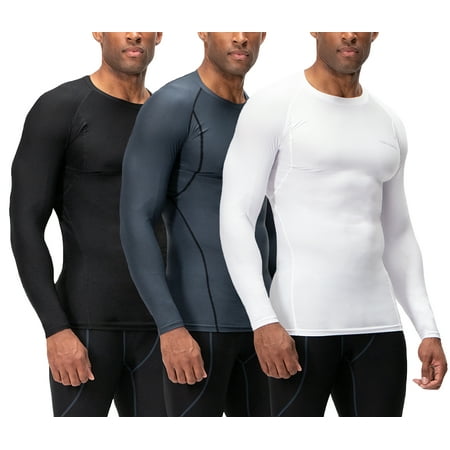 DEVOPS 3 Pack Men's Athletic Long Sleeve Compression Shirts (Large, Black/Charcoal/White)