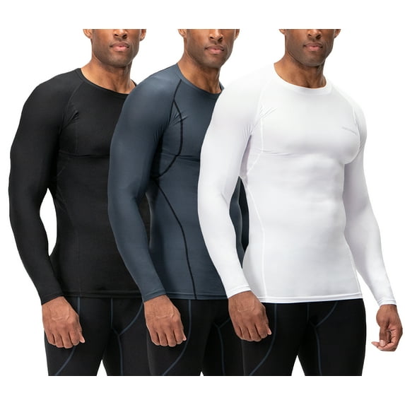 DEVOPS 3 Pack Men's Athletic Long Sleeve Compression Shirts (Medium, Black/Charcoal/White)