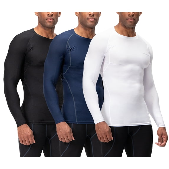 DEVOPS 3 Pack Men's Athletic Long Sleeve Compression Shirts (Medium, Black/Navy/White)