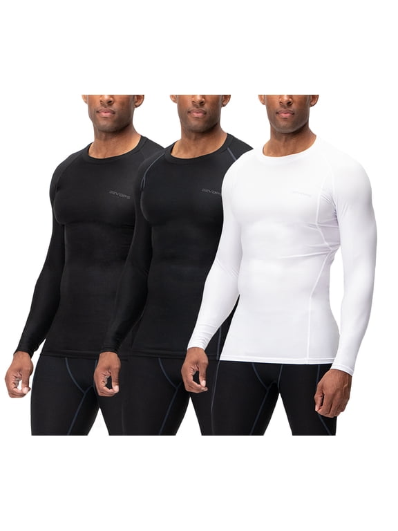 3 Pack Men's Athletic Long Sleeve Compression Shirts (Small, Black/Black/White)