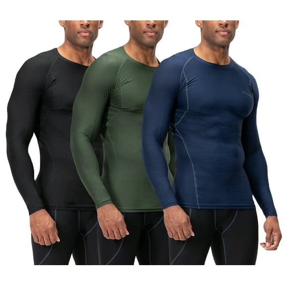 DEVOPS 3 Pack Men's Athletic Long Sleeve Compression Shirts (Small, Black/Navy/Olive)