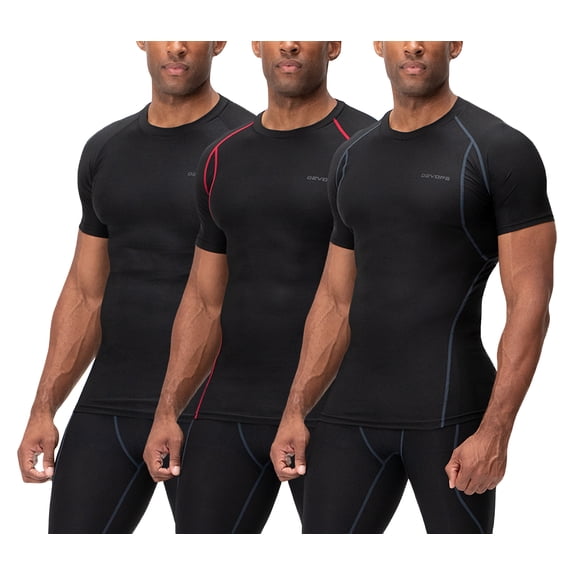 DEVOPS 3 Pack Men's Athletic Short Sleeve Compression Shirts (Large, Black/Black/Black)