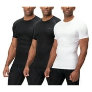 DEVOPS 3 Pack Men's Athletic Short Sleeve Compression Shirts (Large, Black/Black/White)