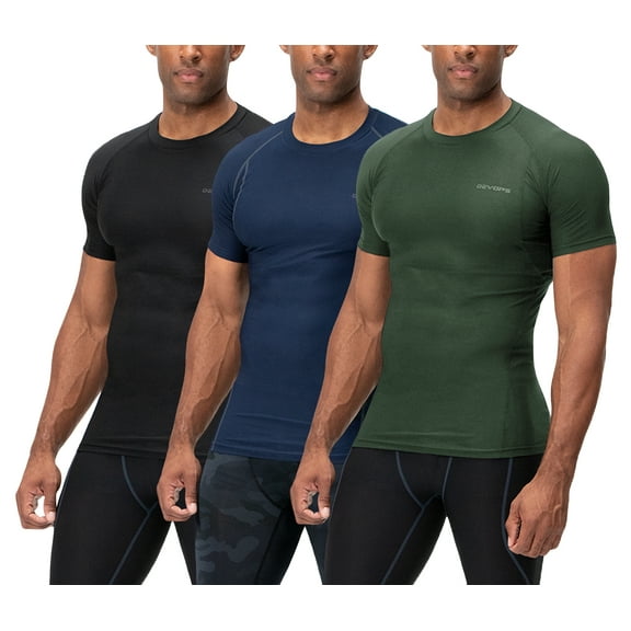 DEVOPS 3 Pack Men's Athletic Short Sleeve Compression Shirts (Medium, Black/Navy/Olive)