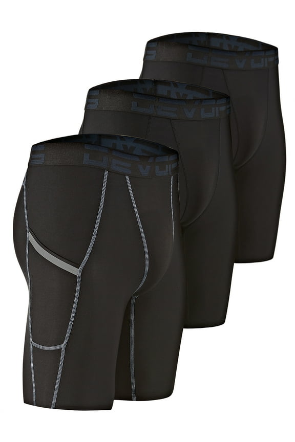 3 Pack Men's Compression Shorts Underwear With Pocket (Small, Black/Black/Black)