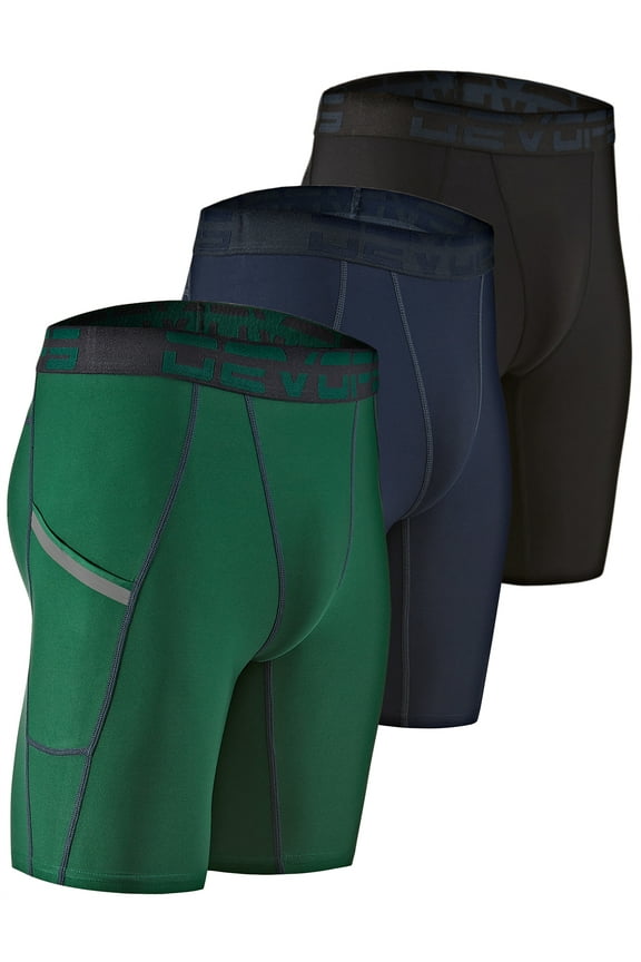 3 Pack Men's Compression Shorts Underwear With Pocket (Small, Black/Navy/Green)