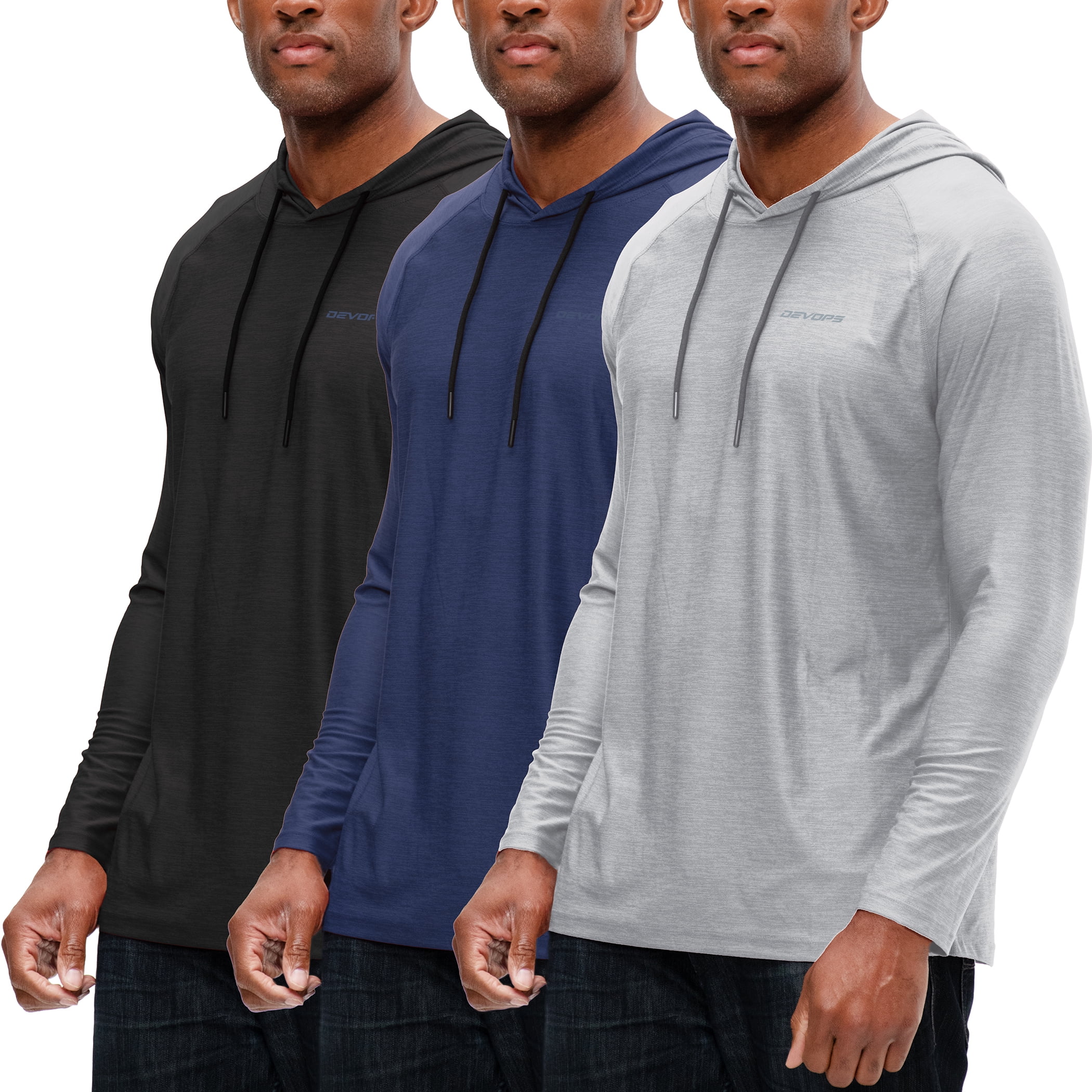 DEVOPS 3 Pack Men's Hoodie Long Sleeve Fishing Hiking Running Workout  T-shirts (Medium, Black/Navy/Gray)