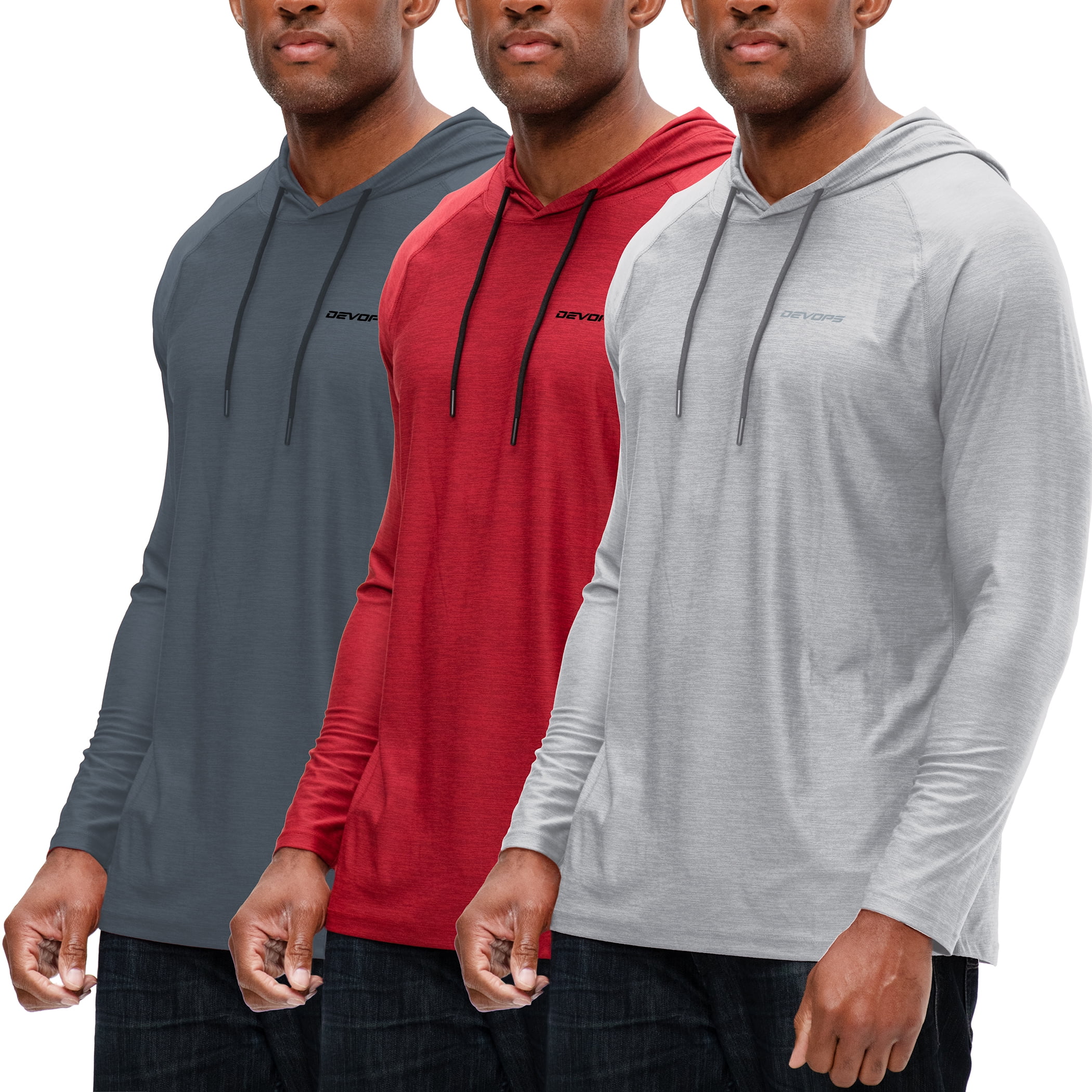 DEVOPS 3 Pack Men's Hoodie Long Sleeve Fishing Hiking Running Workout  T-shirts (Medium, Black/Navy/Gray)
