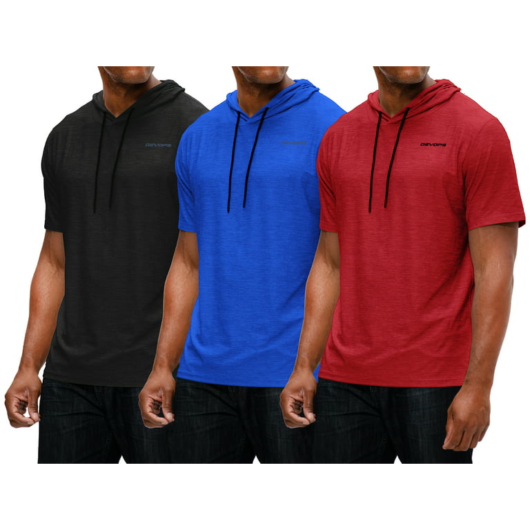 DEVOPS 3 Pack Men's Hoodie Short Sleeve Fishing Hiking Running Workout  T-shirts (Large, Black/Blue/Red)