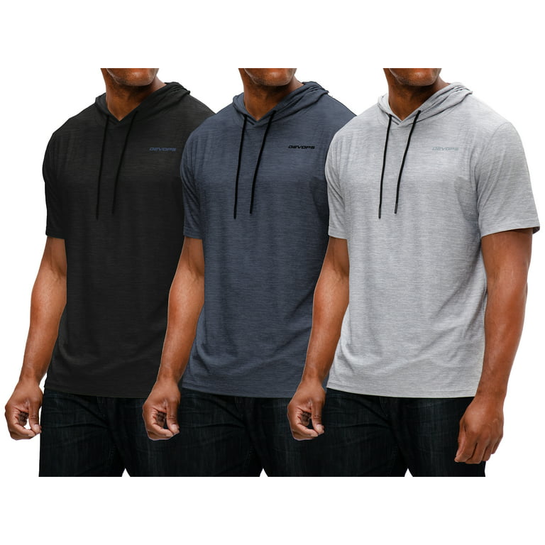 DEVOPS 3 Pack Men's Hoodie Short Sleeve Fishing Hiking Running Workout  T-shirts (Medium, Black/Charcoal/Gray) 