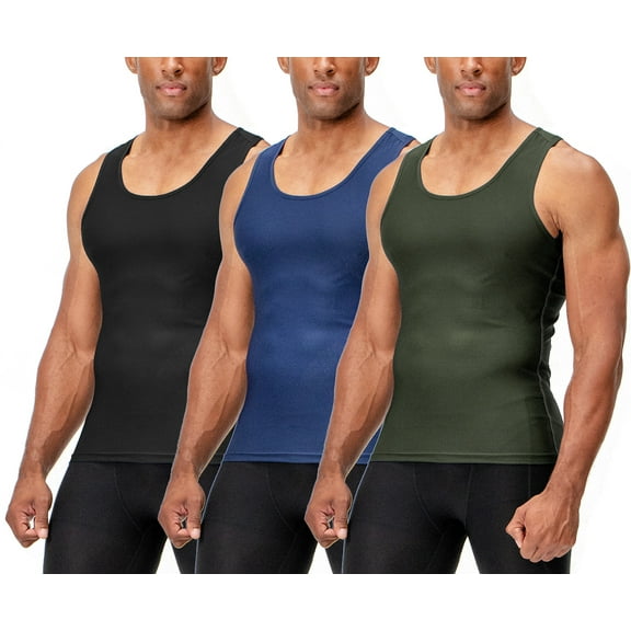 DEVOPS 3 Pack Men's Muscle Dry Fit Compression Tank Top (2X-Large, Black/Olive/Navy)