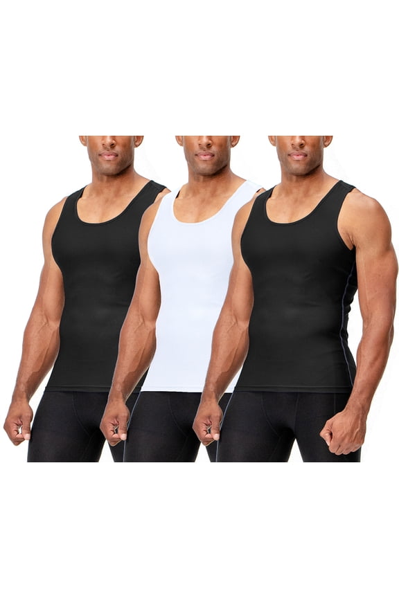 3 Pack Men's Muscle Dry Fit Compression Tank Top (Large, Black/Black/White)