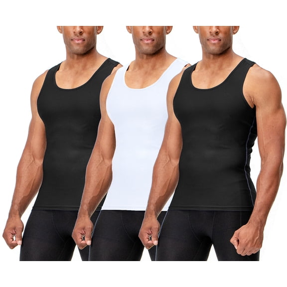 DEVOPS 3 Pack Men's Muscle Dry Fit Compression Tank Top (X-Large, Black/Black/White)