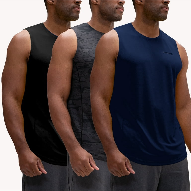 DEVOPS 3 Pack Men's Muscle Shirts Sleeveless dry Fit Gym Workout Tank Top ( 3X-Large, Black/Camo Black/Navy) 