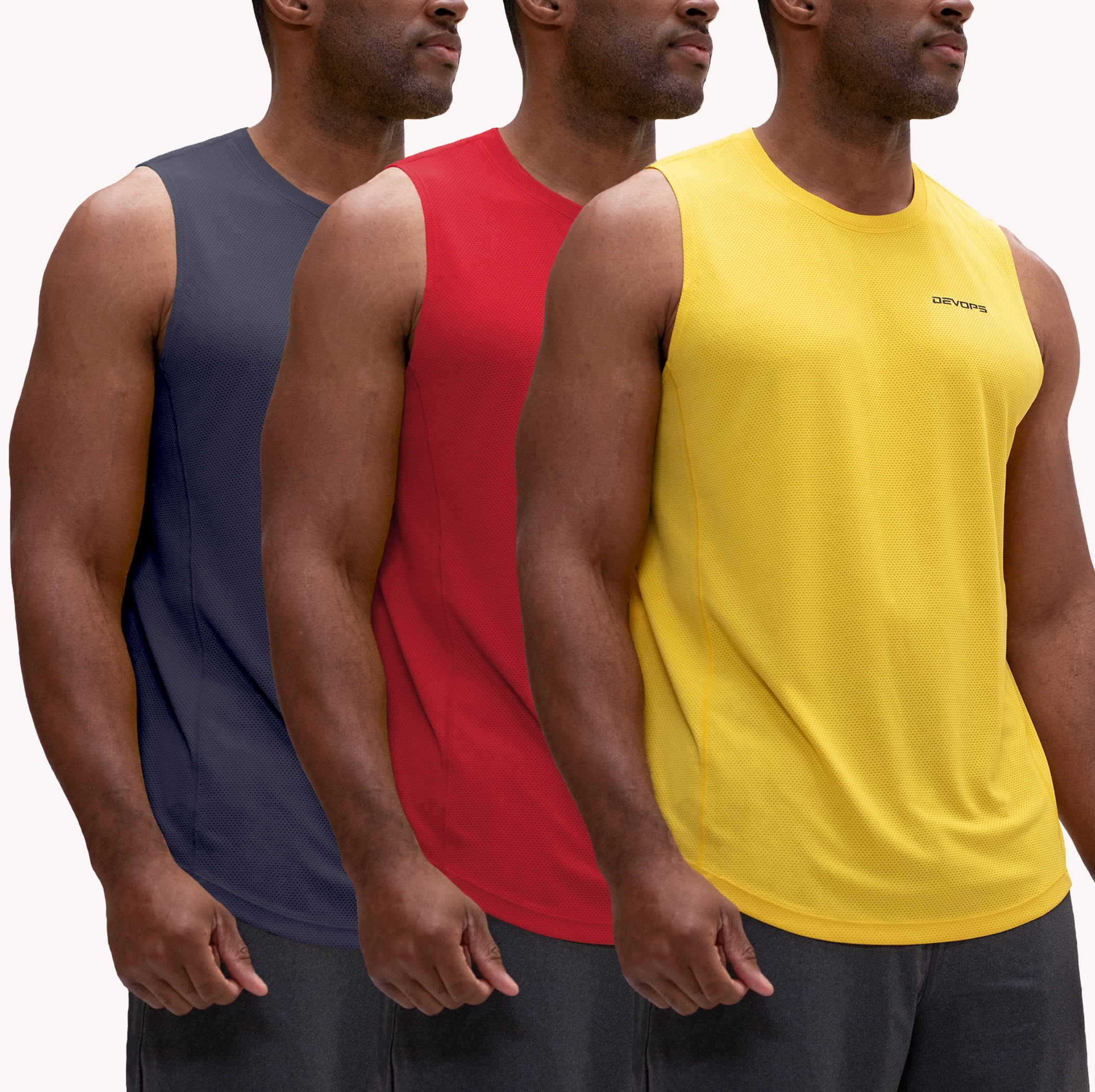 DEVOPS 3 Pack Men's Muscle Shirts Sleeveless dry Fit Gym Workout Tank Top  (3X-Large, Charcoal/Red/Yellow)