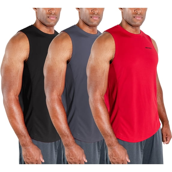 DEVOPS 3 Pack Men's Muscle Shirts Sleeveless dry Fit Gym Workout Tank Top (Medium, Black/Charcoal/Red)